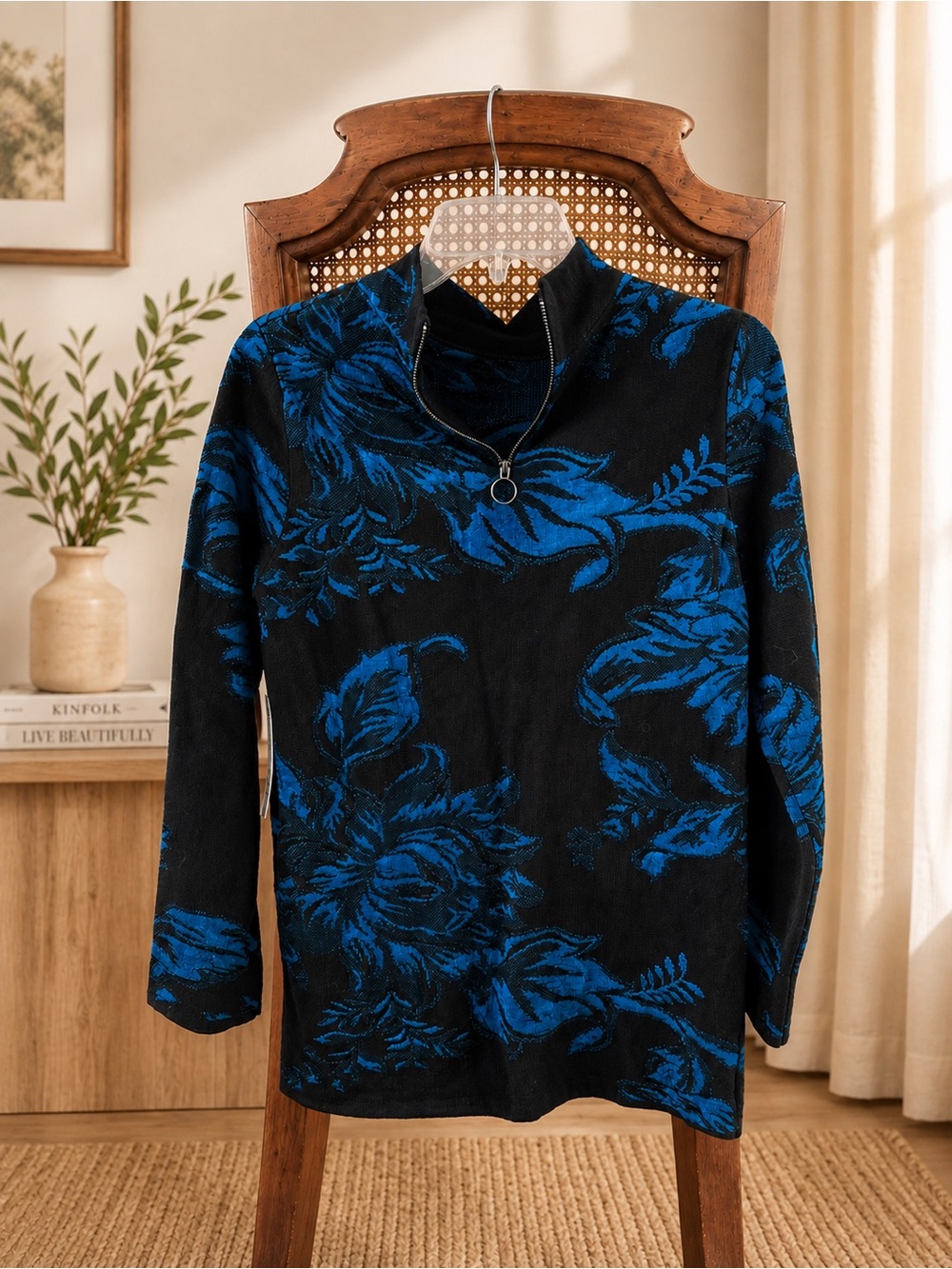 Chico's Black Sweater with Vibrant Blue Floral Jacquard